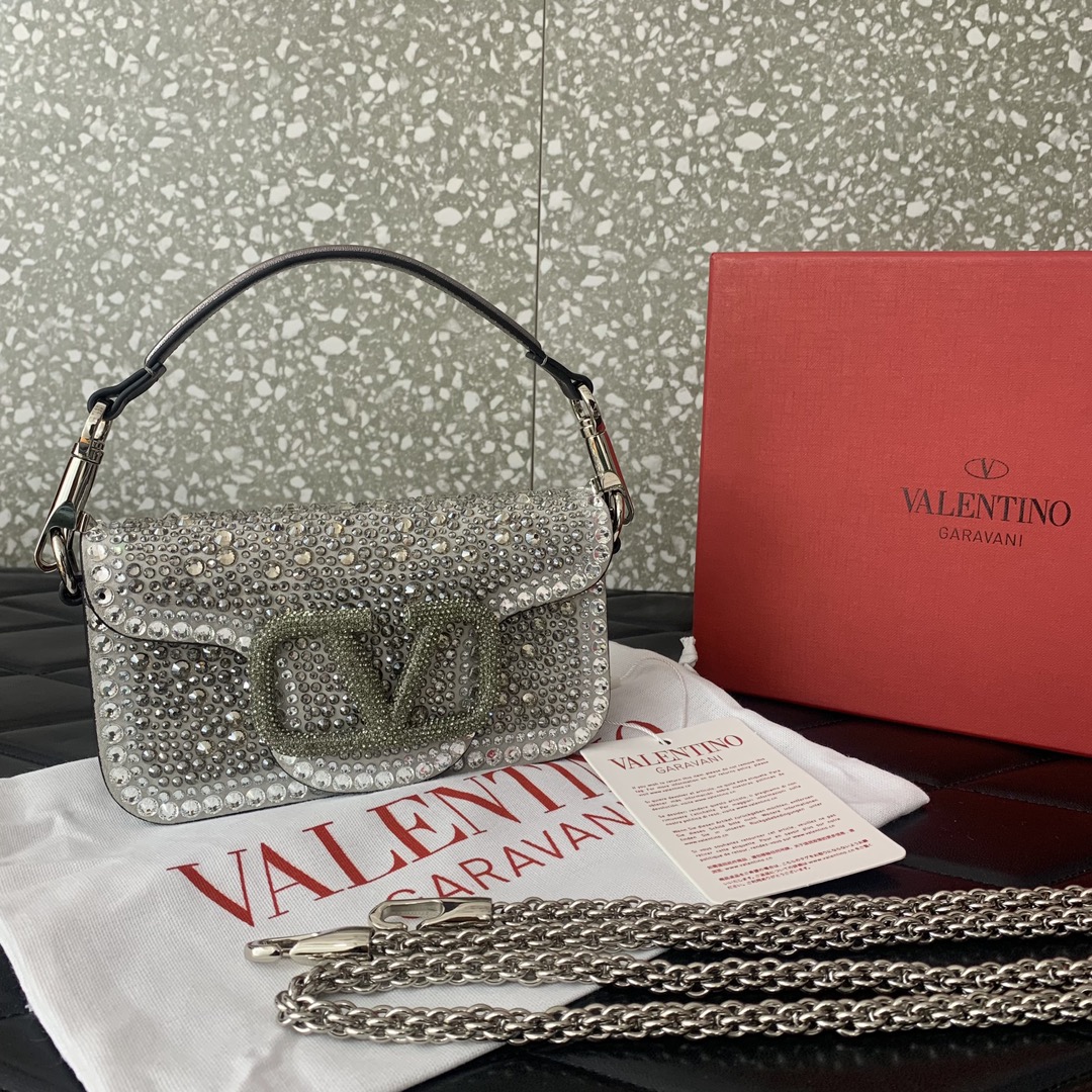 Valentino Garavani Loco Small Shoulder Bag with Grey Rhinestone Applique